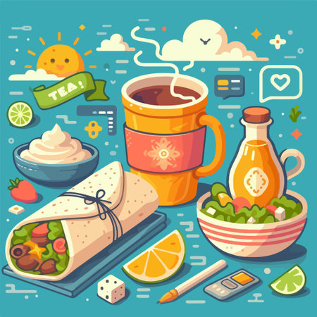 burrito and hot coffee flat vector illustration menu foodのイラスト素材