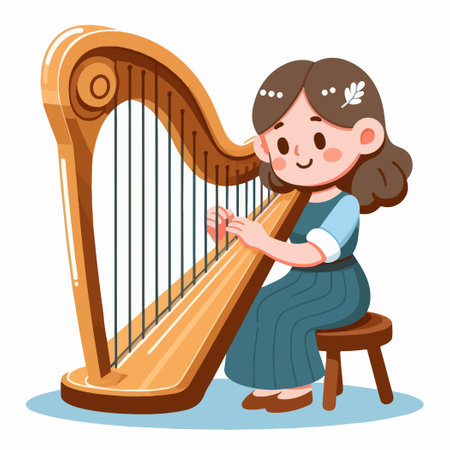 Girl Sitting on Chair and Playing Harp Musical Instrument Performing vector