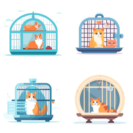 cartoon animal cat in a cage flat vector illustrationのイラスト素材