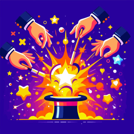 Magician hands conjure magic wand. Magic trick. Vector illustrationのイラスト素材
