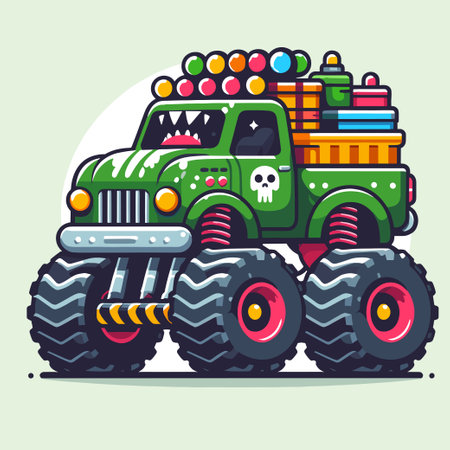 monster truck with big wheel sticker cartoon illustrationのイラスト素材