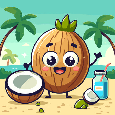 Cute Coconut Fruit Cartoon Mascot Character on the Beach. Vector Illustrationのイラスト素材