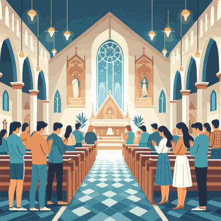 peoples praying in church and raise handのイラスト素材
