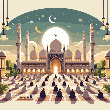 peoples celebrating eid al fitr in mosque victory for muslim after fastingのイラスト素材