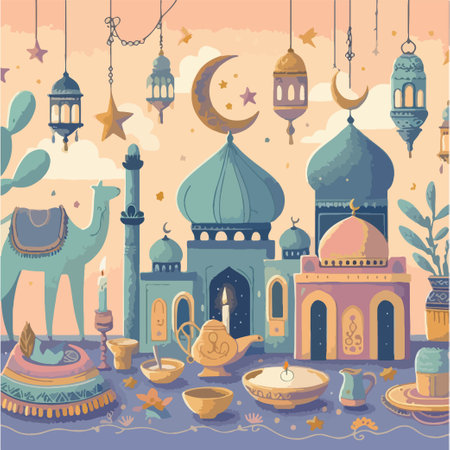 ramadan mosque greeting card template background decorationのイラスト素材