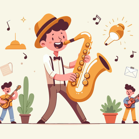 A BOY PLAYING JAZZ MUSIC WITH SAXOPHONE ILLUSTRATIONのイラスト素材