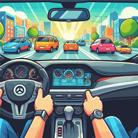 dashboard Inside car driver view with rudderのイラスト素材