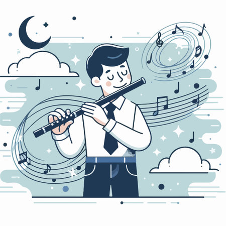 cartoon man musician play flute illustrationのイラスト素材