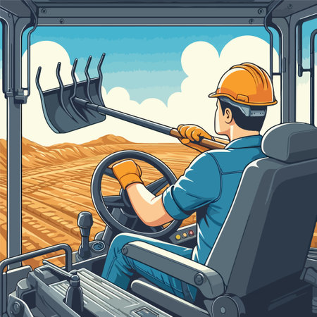 Excavator operator dashboard view cabin illustration