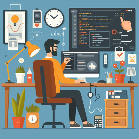 app programming work man sitting on computer set up maintenanceのイラスト素材