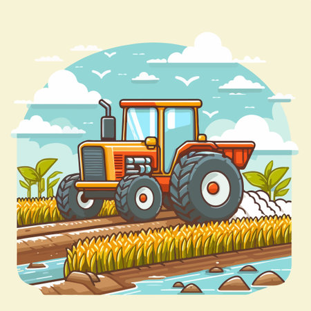 tractor cultivating rice field farm illustrationのイラスト素材