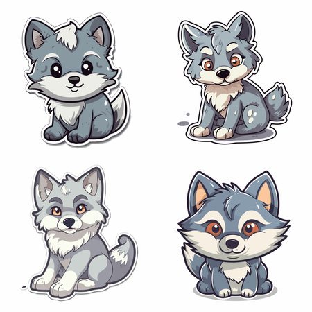 cartoon wolf cute animal sticker set illustrationのイラスト素材