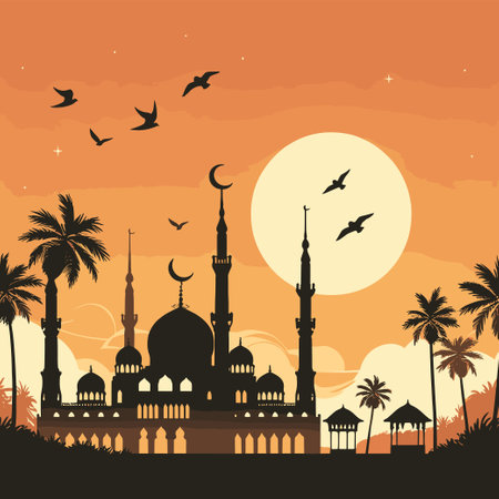 silhouette mosque islam with sunset background flat vectorのイラスト素材