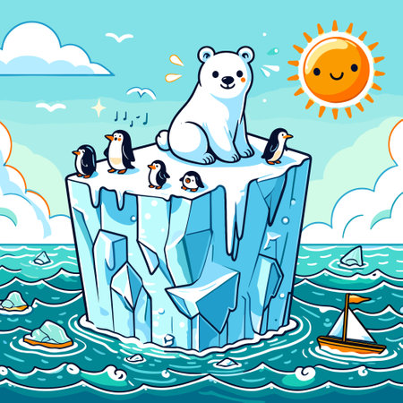 Polar bears sunbathing on an ice berg cartoon illustration elementのイラスト素材
