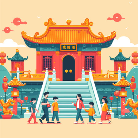 chinese people pray at temple illustrationのイラスト素材