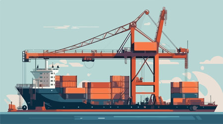 cargo port crane handle container box flat illustration cargo logistic