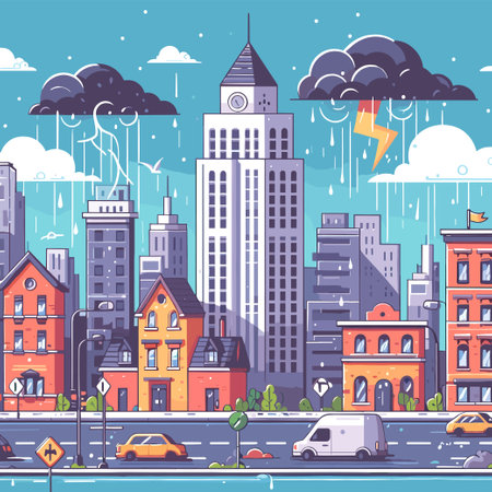 illustration of rain storm the city cartoon illustration disasterのイラスト素材