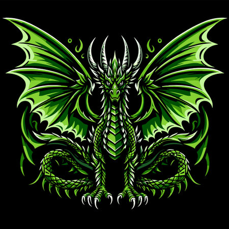tattoo green dragon with wing ready to take off illustrationのイラスト素材