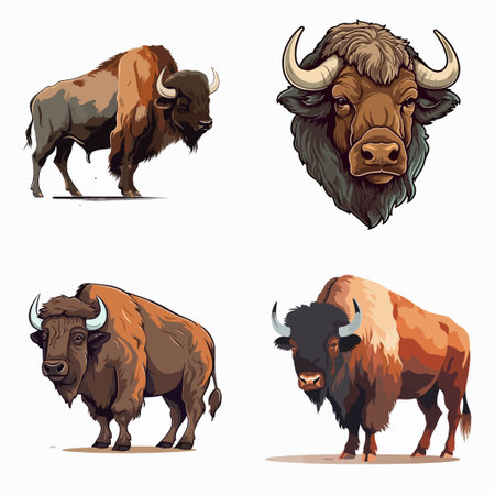 American Bison buffalo set different poses illustrationのイラスト素材