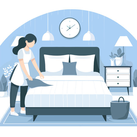 the maid cleans and makes the bed flat illustrationのイラスト素材