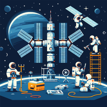 cosmonaut installing space satellite cartoon illustrationのイラスト素材