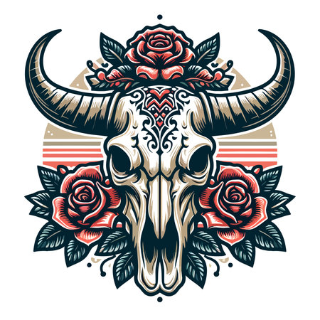 skull bull long horn with rose tattoo illustrationのイラスト素材