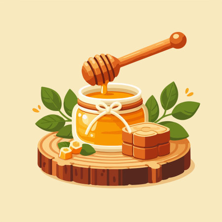 A glass pot full of honey and honey dipper product banner illustrationのイラスト素材