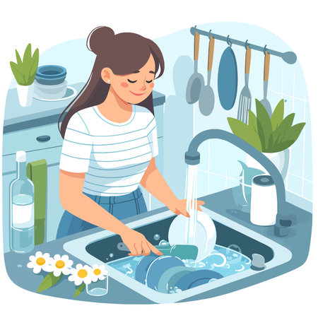 washing the dishes in kitchen SINK WOMEN ILLUSTRATIONのイラスト素材