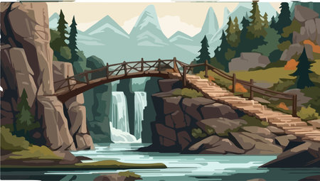 wooden bridge with waterfall landscape background bannerのイラスト素材