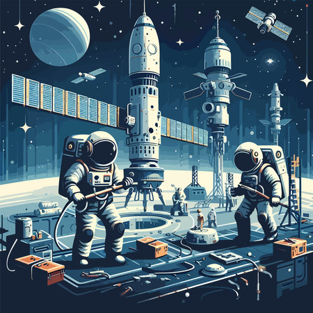 cosmonaut work repairing upgraded satellites illustrationのイラスト素材