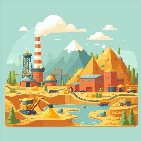 Quarry landscape flat vector illustration gold mining concept Industrial machineryのイラスト素材