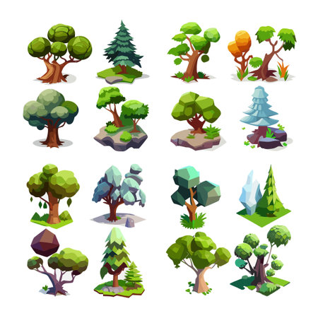 Polygonal trees collection of various low poly trees for gameのイラスト素材