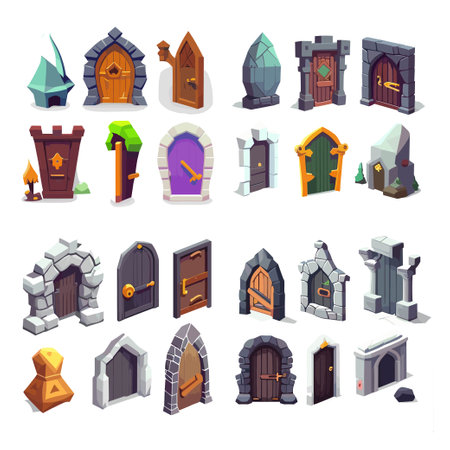 environment medieval polygonal door gate for game elementのイラスト素材