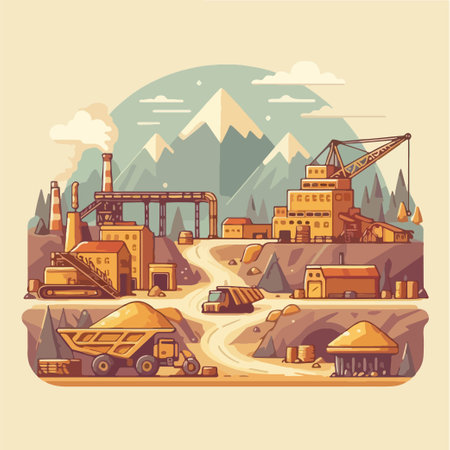 Quarry landscape flat vector illustration Marble mining concept Industrial machineryのイラスト素材