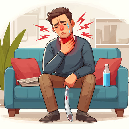 suffering from sore throat touching his painful neck illustrationのイラスト素材