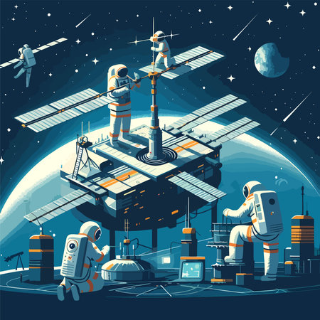 cosmonaut repairing a communications satellite illustrationのイラスト素材