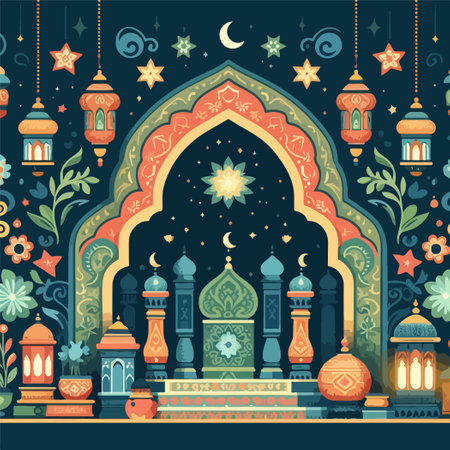 islamic eid background concept banner cartoon flat vectorのイラスト素材