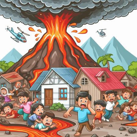 volcano eruption Volcano in cartoon chaos villageのイラスト素材