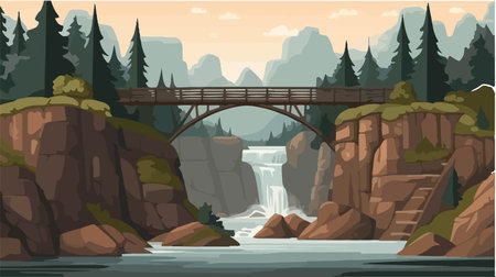 cliff with wooden bridge over waterfall cartoon background landscapeのイラスト素材