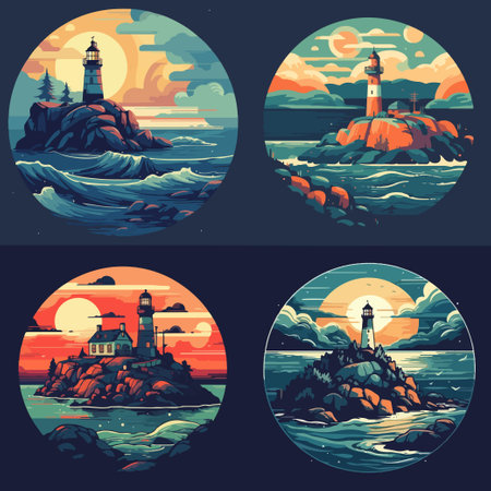 light house at coast sea scape illustration setのイラスト素材