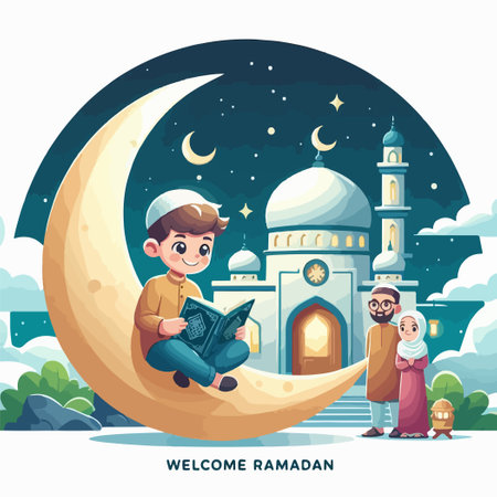 boy reading holy quran with mosque background islamicのイラスト素材