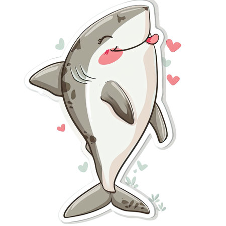 Cute Cartoon Shark with Hearts and Blushのイラスト素材