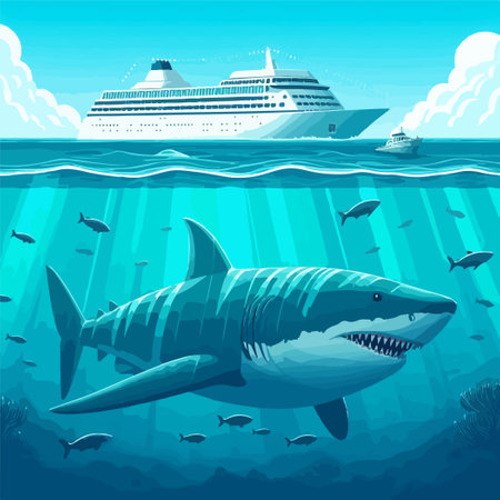 giant megalodon shark under ship illustrationのイラスト素材