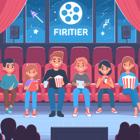 A group of people are sitting in a movie theater, watching a filmのイラスト素材