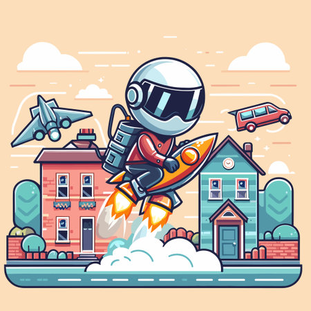A cartoon character is flying a rocket in a city. The rocket is surrounded by clouds and the sky is filled with airplanes. The cartoon character is wearing a helmet and a red jacketのイラスト素材