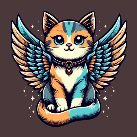 A cat with wings is sitting on a brown background. The cat is wearing a collar and has a blue eyeのイラスト素材