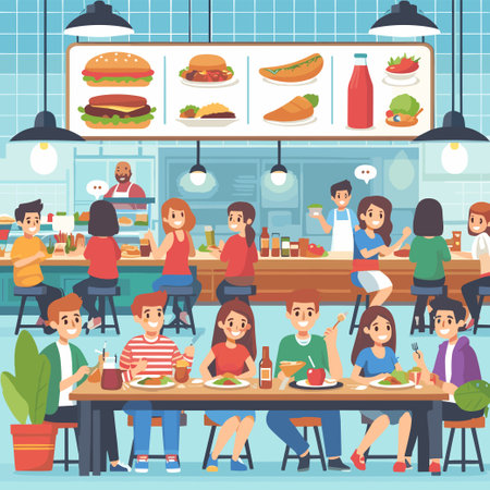 A group of people are sitting at a restaurant with a menu board above them. Scene is cheerful and social, as everyone is enjoying their meal and conversationのイラスト素材