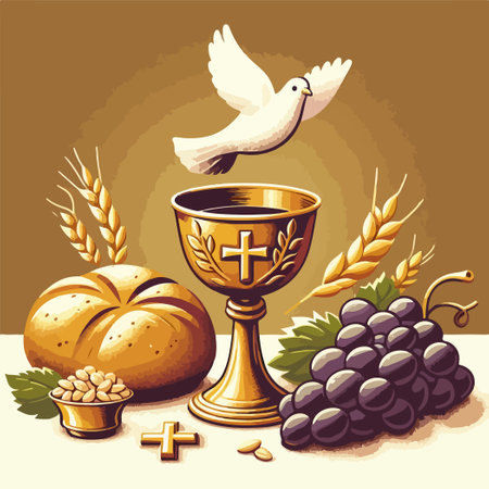 A gold cup with a cross on it is surrounded by bread, grapes, and a bird. Concept of abundance and celebrationのイラスト素材