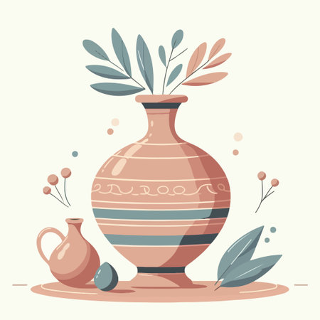A vase with a green leaf on top of it. The vase is on a table with a bottle next to itのイラスト素材