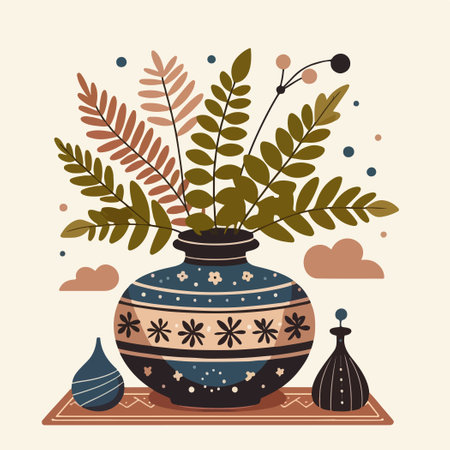A vase with a green leaf on top of it. The vase is blue and white with a floral designのイラスト素材